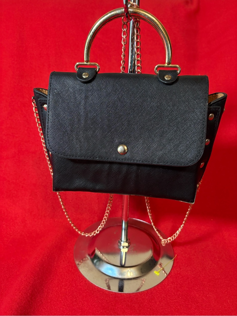 Black Mini Studded Faux Leather Crossbody Top Handle Satchel Gold Chain Bag - Picture 2 of 12